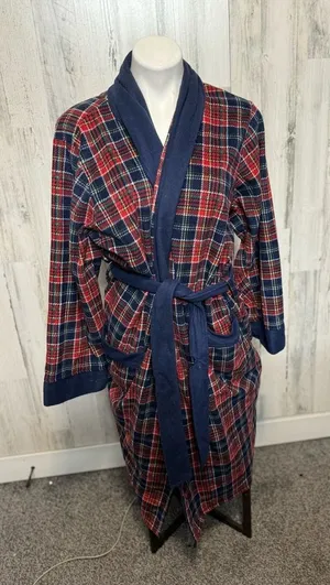 Chaps Tartan Plaid Fleece Bathrobe One Size Fits Most Navy Blue Red Shawl Collar thumbnail 1