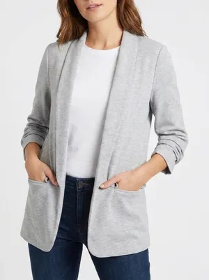 Premise Womens Light Gray Knit Open Front Ruched 3/4 Sleeve Blazer Size M thumbnail 1