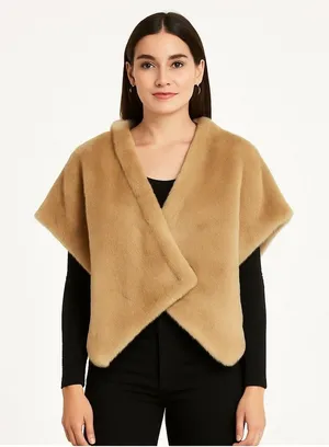 2000s Sisley Tan Faux Fur Shawl Wrap Poncho Cape Size small oversized thumbnail 1