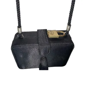 Jessica McClintock Black Satin Box‎ Clutch Purse Tassel & Rope Strap Evening Bag thumbnail 5