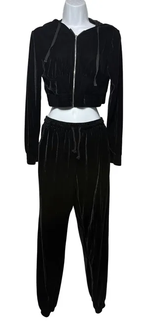 Black Velvet Tracksuit Set Size Medium‎ Crop Zip Hoodie Joggers Y2K Streetwear thumbnail 1