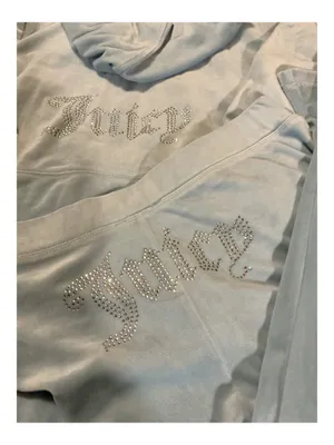 Juicy Couture Ice Blue Velour Tracksuit Set – Big Bling Rhinestone Logo Hoodie & Pants – Size L thumbnail 3