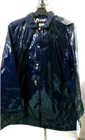New NWT $325 Jane Post Iconic Princess Slicker Rain Coat Hood Women S Teal Navy thumbnail 1