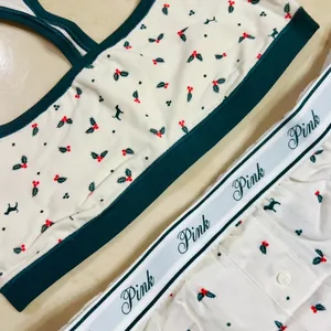 VS PINK Cotton Dorm Unlined Bralette & Flannel Pajama Shorts Cream Holly Print M thumbnail 8