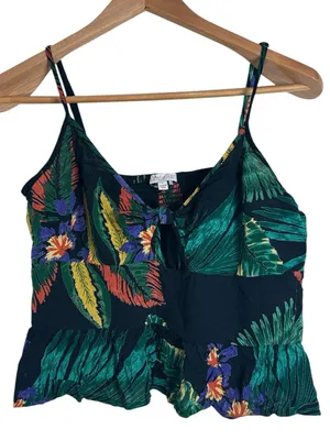 Patrons of Peace Botanical Tropical Floral V-Neck Front Tie Peplum Tank size L thumbnail 1