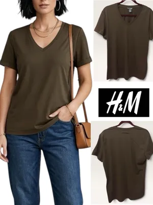 H&M | NWOT Turkey 100% Cotton Brown V-Neck Short Sleeve T-Shirt (Size L) thumbnail 2
