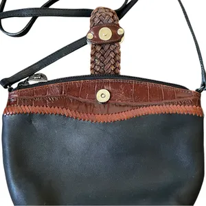 Brighton Vintage Crossbody Bag Black Leather Brown Croc Embossed Heart Accent thumbnail 4