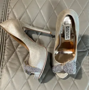 Badgley Mischka Ivory Champagne Satin Peep-Toe Heels with Crystal Bow Accent thumbnail 1