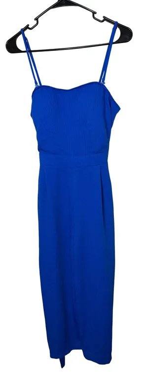 AQUA‎ Cobalt Blue Ribbed Wide Leg Jumpsuit Spaghetti Straps Belted Size L thumbnail 1