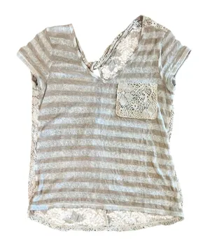 Moa Moa Cream‎ Tan Stripe Feminine Lacy Twist Cap Sleeve Top sz Small thumbnail 1