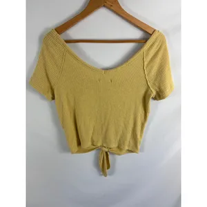 Abercrombie & Fitch Ribbed Slouchy Tie Bottom Crop Top Yellow Size Small thumbnail 4