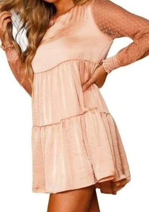 Peach Love California Tiered Sheer Long Sleeve Mini Dress Pink Size Large NWT thumbnail 1