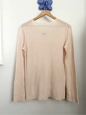 Vince‎ Medium V-neck ribbed wool cashmere blend sweater cream beige sheer thumbnail 5