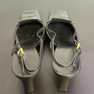 Vintage Prada Black Leather Square Toe Slingback Pump Size 35.5 Gold Buckle y2k thumbnail 6