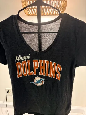 NFL Women's Black V-Neck Miami Dolphins Tee with Orange Lettering thumbnail 1