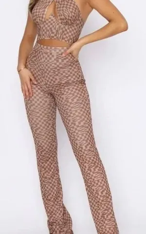 White Fox Boutique Brown Checkered High Rise Mesh Pull On Flare Pants M thumbnail 1