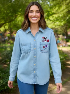 Vintage 90s Disney Mickey & Minnie Embroidered Denim Shirt Light Wash Button Up thumbnail 1