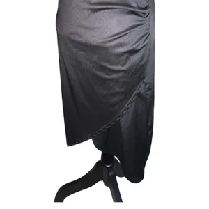 Women's V Neck Ruffle and Trim Wrap Hem Cap Sleeve Bodycon Midi Dress Satin Black thumbnail 5