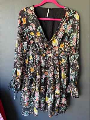 Free People Black Floral Long Sleeve Mini Dress with Tie Details thumbnail 1