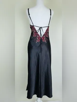Vintage Black Satin Slip Dress Burgundy Embroidered Lace Maxi S thumbnail 6