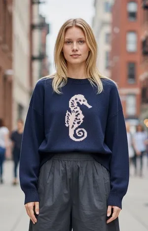 NWT Lucky Brand Navy Seahorse Sweater NWT Size M Soft Knit Nautical thumbnail 1