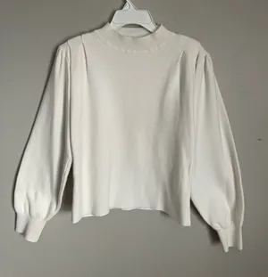 MANGO Cream Mock Neck Puff Sleeve Sweater Sz L thumbnail 1