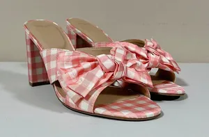 Draper James RSVP Pink White Gingham Plaid Checkered Bow Peep-Toe Open-Toe Heels Sandals Slides Shoes Size 8.5 🤍🩷 thumbnail 4