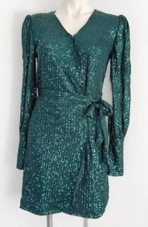 NEW AQUA Belted Sequin Dress GREEN emerald SMALL Formal Cocktail party thumbnail 1