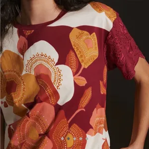 Anthropologie TINY Jeanine Eyelet Embroidered Floral Burgundy Top Small Tee thumbnail 1