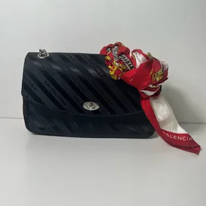 Balenciaga BB Satin Jacquard Black Logo Scarf Chain Shoulder Crossbody Bag Purse thumbnail 5