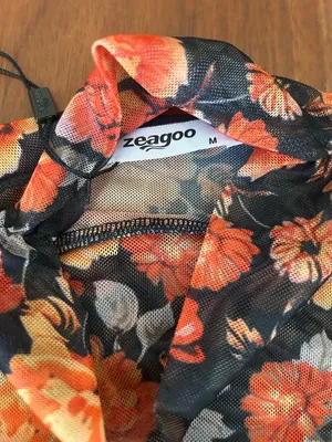 Zeagoo mesh floral top orange and black ruched sides Size Medium thumbnail 5