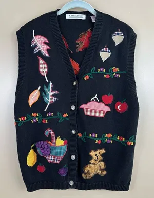Vintage Karen Scott Black Cardigan Sweater Vest Large Fall Fruit Bear Embroidery thumbnail 1