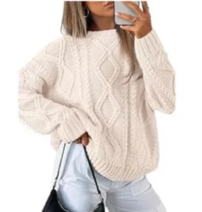 Boutique White crewneck cable knit sweater thumbnail 1