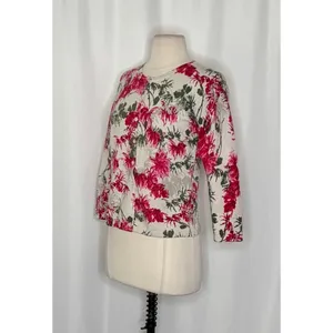 NEW!! GARNET HILL Merino Wool Cardigan‎ Sweater Floral Gray Pink Preppy Small thumbnail 5