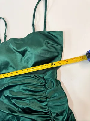 Windsor Satin Emerald Green Ruched Mesh-Inset Mini Dress thumbnail 4