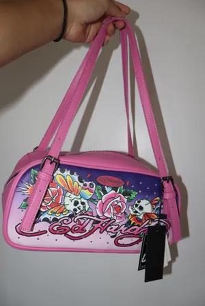 Ed Hardy Pink Shoulder Bag Tattoo Skull Rose Butterfly Rhinestone Barrel Satchel thumbnail 1