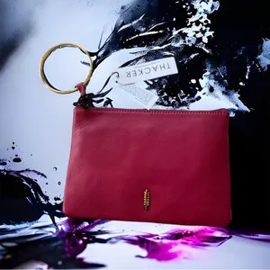 NWT THACKER GIA POUCH & CARD CASE Ring Wristlet Clutch RED LEATHER thumbnail 3