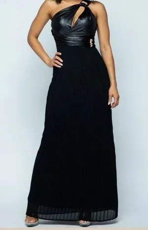 Pleated Maxi dress one shoulder. Faux leather. (S) thumbnail 1