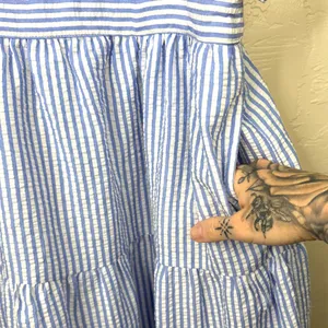 English Factory Blue White Stripe Seersucker Pattern Tier Knot Front Maxi Dress thumbnail 6