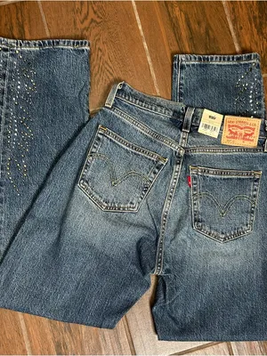 Levi’s 501 Curve Stretch High Rise Straight Leg RHINESTONE Dark Wash Denim Jeans thumbnail 6