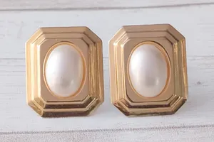 Vintage Clip On Earrings Rectangle Gold Tone & Pearlescent - Clip Repair Needed thumbnail 1