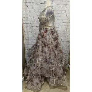 Camille La Vie beaded bodice multi layer tulle floral Halter Neck gown Size 4 thumbnail 5