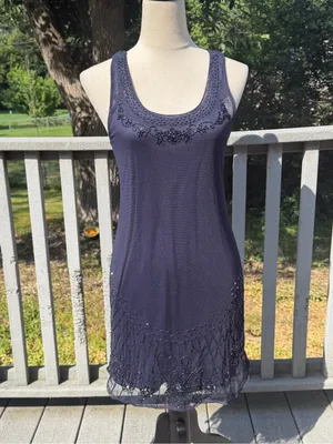 American Eagle Navy Beaded Mesh Hem Dress XS Y2K Boho Glam Embellished thumbnail 5