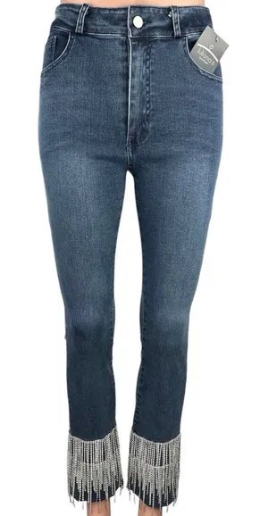 New Julianas Boutique Blue Denim High Rise Rhinestone Fringe Trim Skinny Jeans M thumbnail 1