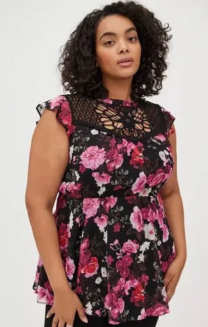 Torrid Peplum Chiffon Clip Dot Crochet Top 00 M/L 10 Black Floral thumbnail 1