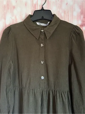 Zara Olive Green Corduroy Long Sleeve Tiered Ruffle Mini Dress Size S thumbnail 3