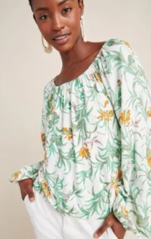 Anthropologie White Floral Long Sleeve Blouse with Pink Birds Size Medium‎ thumbnail 1