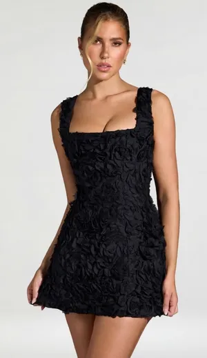 Oh Polly Posy Floral-Appliqué Square-Neck Corset Mini Dress in Black size 2 New thumbnail 1
