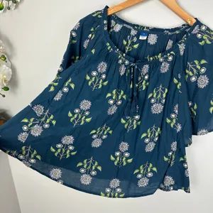 Old Navy Flutter Sleeve Tassel tie Boho Top Teal Floral Cotton Size Medium thumbnail 8