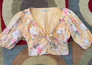 Abercrombie & Fitch Yellow Floral Tie Front Puff Sleeve Crop Top Size Small thumbnail 1